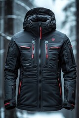 Naklejka premium Black ski jacket, red accents, winter apparel.