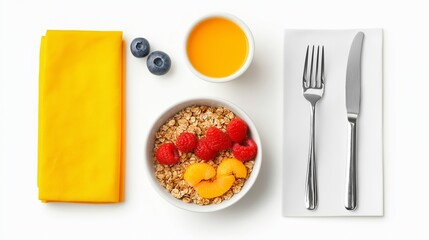 Top down view of vegetarian breakfast with granola and fruits on white background
