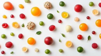 Top down view of vegetarian breakfast with granola and fruits on white background