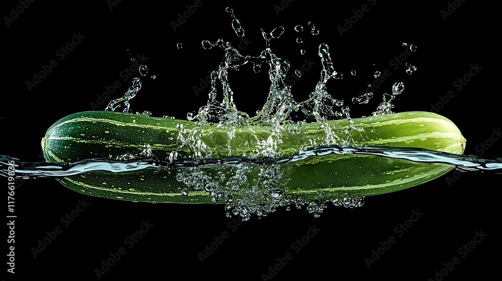 Poster a cucumber splashes into water, creating dynamic ripples and droplets.