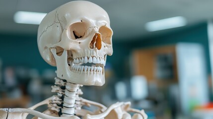 Detailed human skeleton model in a lab setting.