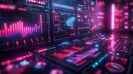 Obraz premium Digital screens with glowing pink and blue data and graphs. AI generative. .