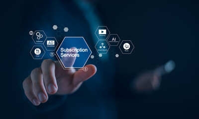 Subscription services and business model management concept, Businessman shifting to subscription models on smartphone, services for food, AI, streaming, social network, advertising, software, music