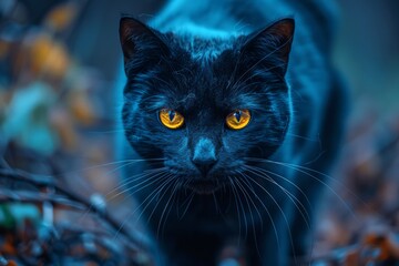 Black cat with piercing yellow eyes, close-up. AI generative. .