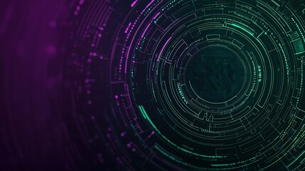 Fototapeta premium A vibrant, abstract digital design featuring circular patterns in shades of green and purple, evoking a futuristic tech aesthetic.
