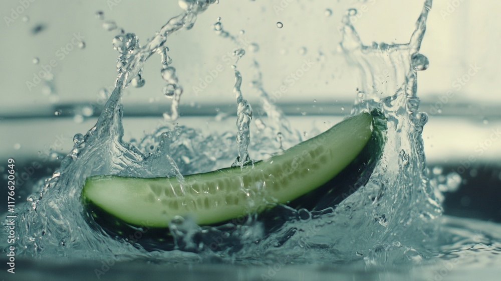 Poster a cucumber slice splashes into water, creating dynamic droplets and ripples.
