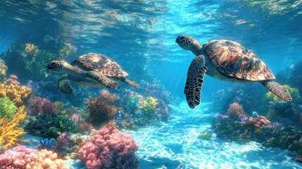 Obraz premium Stunning Scene of Sea Turtles Gliding Gracefully Through an Underwater Wonderland of Vibrant Coral Reefs Immersed in the Serene Azure Waters of a Tropical Marine Ecosystem