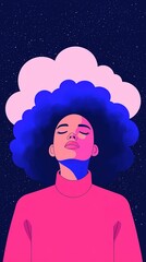 Fototapeta premium A vibrant illustration of a person with an oversized afro, surrounded by colorful clouds and a starry backdrop, evoking a sense of tranquility and creativity.