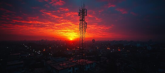 Vibrant sunset over city skyline with communication tower.