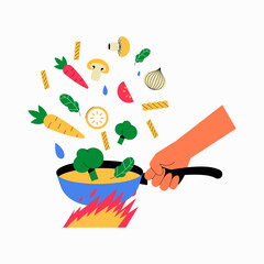 Hand tossing vegetables and pasta in a pan over flames in flat vector illustration symbolizing cooking, meal preparation, and fast food, isolated on white background.