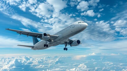 White airplane flying above the clouds, blue sky. AI generative. .