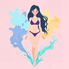 Illustrated woman in purple bikini with colorful splashes.