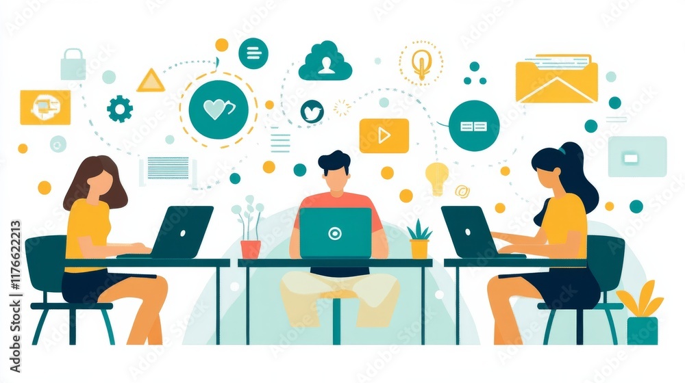 Poster cybersecurity concept with key elements