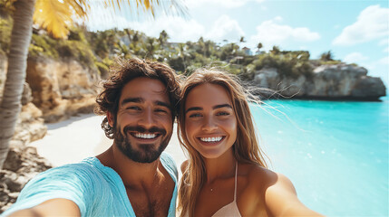 Fototapeta premium Smiling couple taking a selfie on a tropical beach with turquoise water, palm trees, and a sunny, vibrant atmosphere