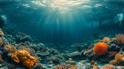 Sunlight beams through turquoise water onto an underwater coral reef. AI generative. .
