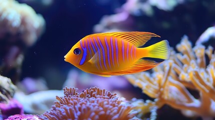 Obraz premium Stunning photograph showcasing a vibrant coral reef ecosystem teeming with a diverse array of colorful fish swimming through the lively underwater environment