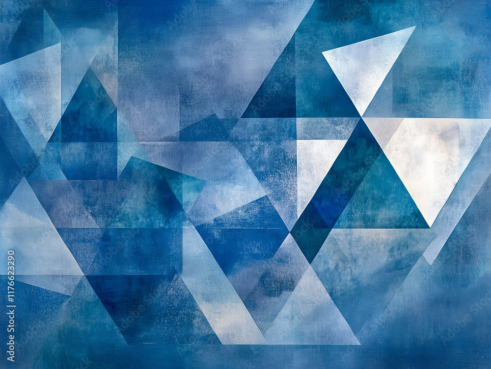 Poster modern abstract blue background design with layers of textured white transparent material in triangle diamond and squares shapes in random geometric pattern