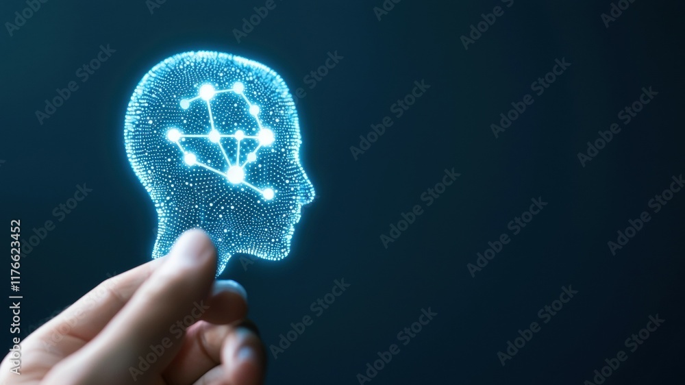 Poster conceptual image of human head with digital network and data connection elements