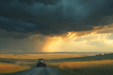 Fototapeta premium Tractor on rural road, storm approaching, sunset