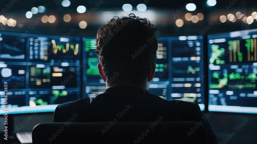 Poster professional analyst observing data visualization on multiple high-tech screens
