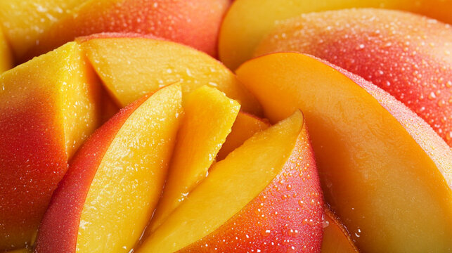 Sliced mango pieces, showing the bright yellow flesh and reddish-orange skin. The mango slices are arranged in a close-up