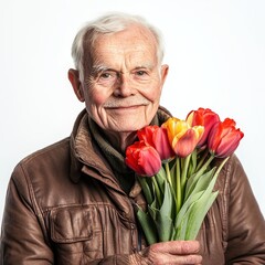 Smiling man holding vibrant tulips