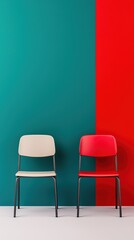 Obraz premium Two stylish chairs in contrasting colors against a vibrant wall, showcasing modern design elements and a playful color palette.