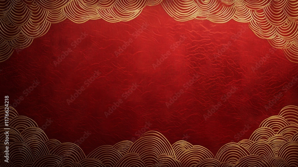 Poster chinese new year banner with a rich red background and golden chinese wave patterns in each corner, 