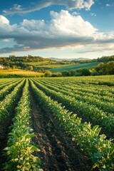 Sprawling fields showcase vibrant crops under a bright blue sky emphasizing farm sustainability and fresh produce
