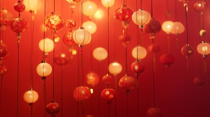 Fototapeta premium Chinese New Year banner with glowing red and gold lanterns hanging from the top, casting a warm golden glow over the design, symbolizing wealth and celebration.
