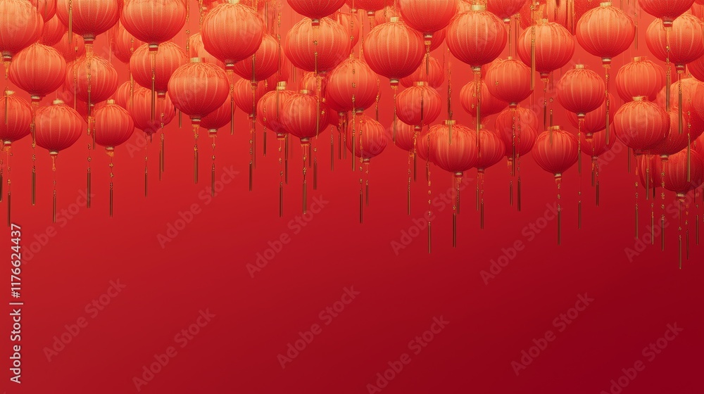 Poster chinese new year minimalistic design with clusters of red and gold lanterns at the top, a smooth red