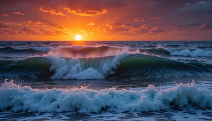 Fototapeta premium Dramatic Ocean Waves Beneath a Fiery Sunset Sky