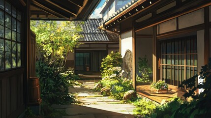 Fototapeta premium Sunlit Serenity: A Japanese Garden Courtyard