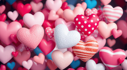 Fototapeta premium vibrant collection of heart shaped balloons in various colors and patterns, including polka dots and stripes, creating festive and romantic atmosphere