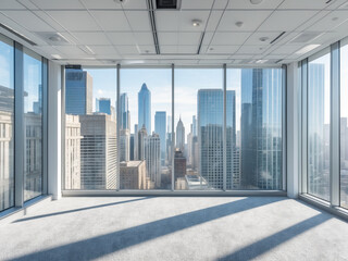 Fototapeta premium Bright empty office space with large panoramic windows overlooking a modern cityscape.