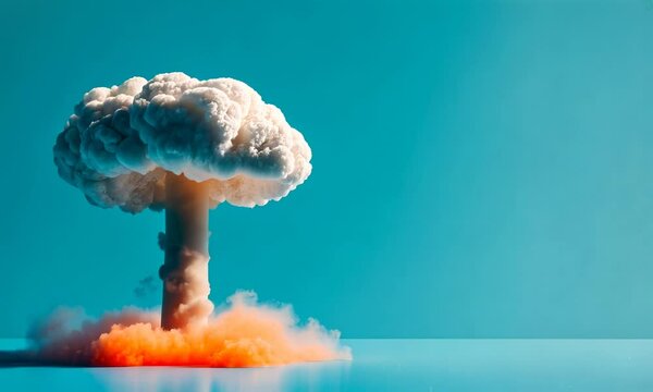 Mushroom cloud explosion with bright blue background and orange base