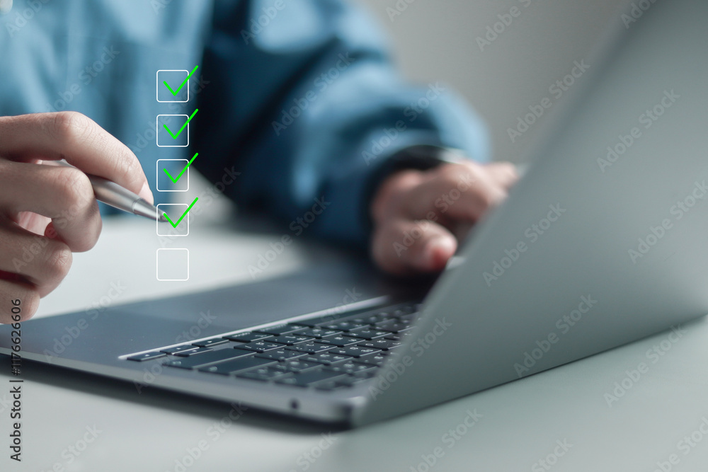 Poster checklist concept, online survey form completion corporate. businessman checking mark in checklist o