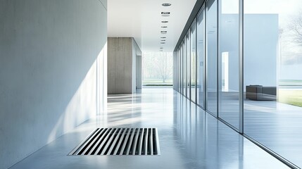 Obraz premium Modern hallway, glass walls, light, sleek floor vent.
