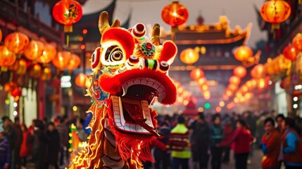 Vibrant dragon dance in ancient city streets during Chinese New Year, colorful lanterns, joyful crowds, traditional culture, festive celebration.