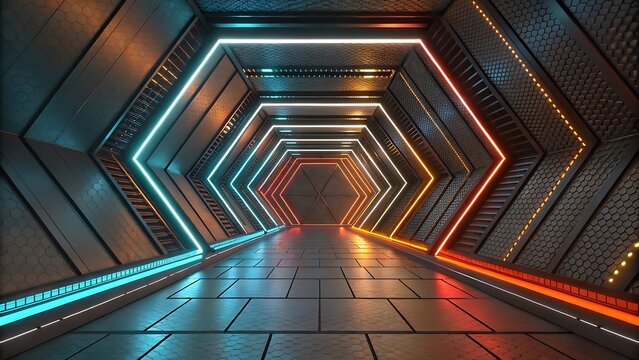 Futuristic glowing hexagonal tunnel with neon lights in blue and orange colors, abstract digital sci-fi corridor perspective