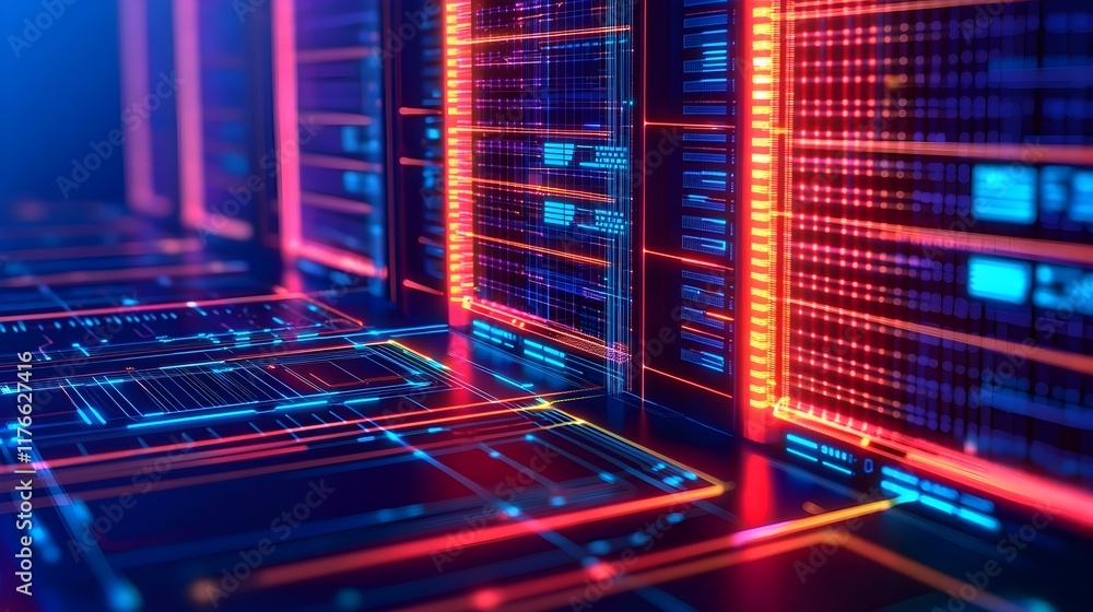 Poster abstract digital data center with vibrant neon light patterns
