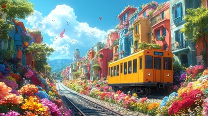 Vibrant floral train track, colorful houses, sunny day.