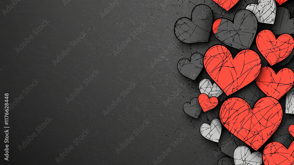 Poster broken hearts in various colors create striking visual on dark background