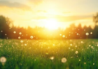 Fototapeta premium Nature’s Beauty: Dandelions in a Green Field and Blue Sky
