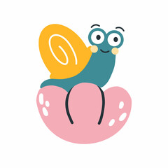Cute snail is sitting on flower. Vector illustration for children in style of doodles. Postcard design element.