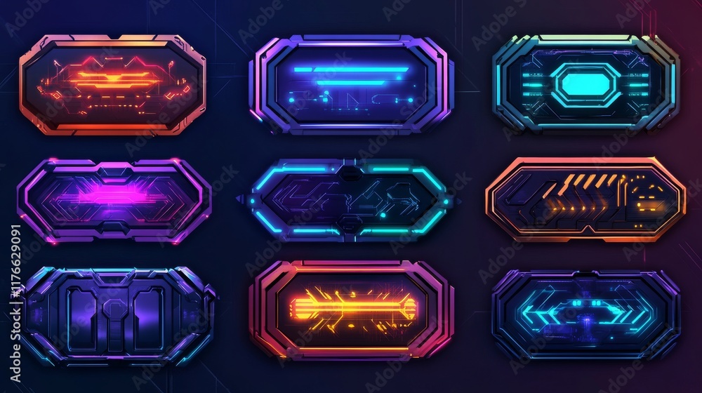 Poster modern technology banners collection in cyberpunk style. abstract sci-fi text boxes with glitch effe
