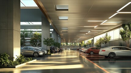 Modern, sunlit parking garage; cars parked.