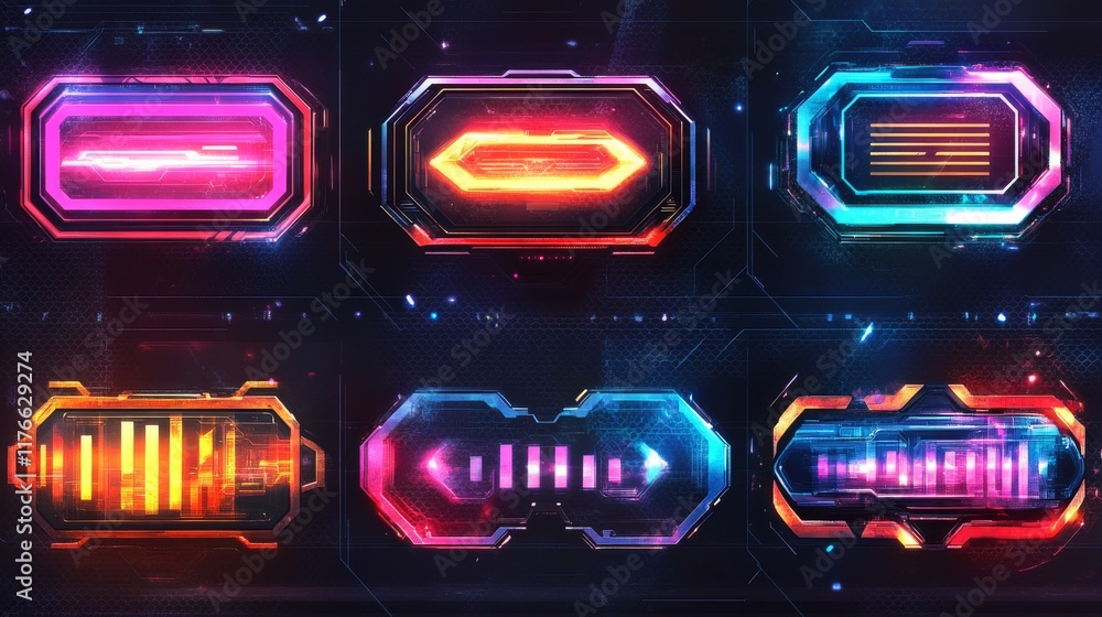 Poster modern technology banners collection in cyberpunk style. abstract sci-fi text boxes with glitch effe