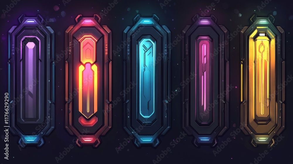 Poster modern technology banners collection in cyberpunk style. abstract sci-fi text boxes with glitch effe