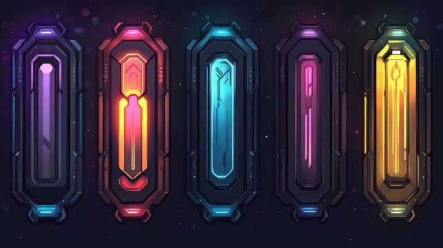 Modern technology banners collection in cyberpunk style. Abstract sci-fi text boxes with glitch effect. Futuristic hi-tech badges. Colorful glitchy background set. Vector illustration.